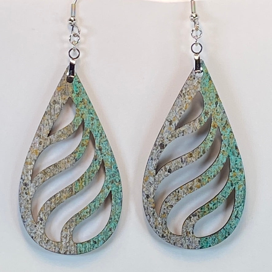 Hand Painted Tear Drop Cut Out Iridescent Dangle Pendant Earrings