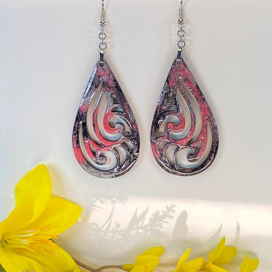 Hand Painted Tear Drop Cut Out Iridescent Dangle Pendant Earrings