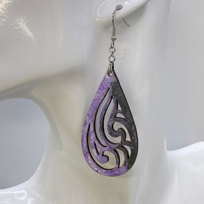 Hand Painted Tear Drop Cut Out Iridescent Dangle Pendant Earrings