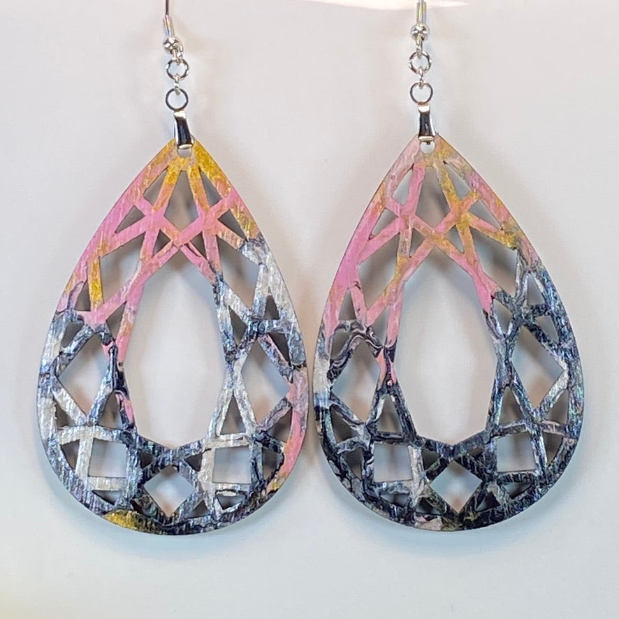 Hand Painted Tear Drop Cut Out Iridescent Dangle Pendant Earrings