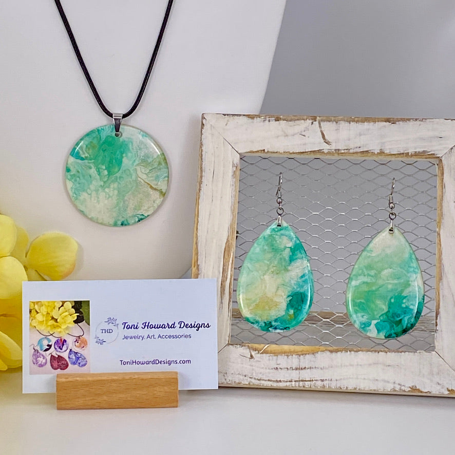 Hand Painted Iridescent Pendant Necklace And Earring Set