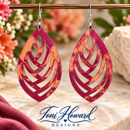 Hand Painted Geometric Cut Out Iridescent Dangle Pendant Earrings