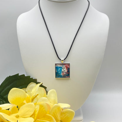 Hand Painted Glass Cabochon Square Bezel Pendant Necklace