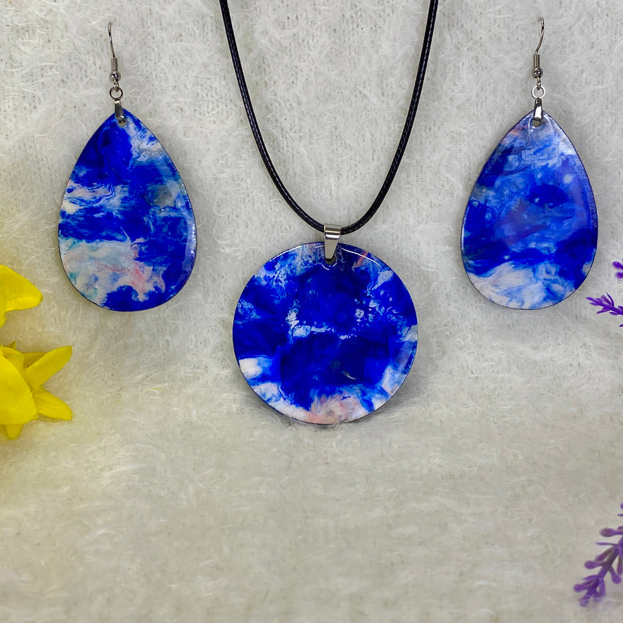 Hand Painted Iridescent Pendant Necklace And Earring Set