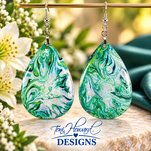 Hand Painted Tear Drop Iridescent Dangle Pendant Earrings