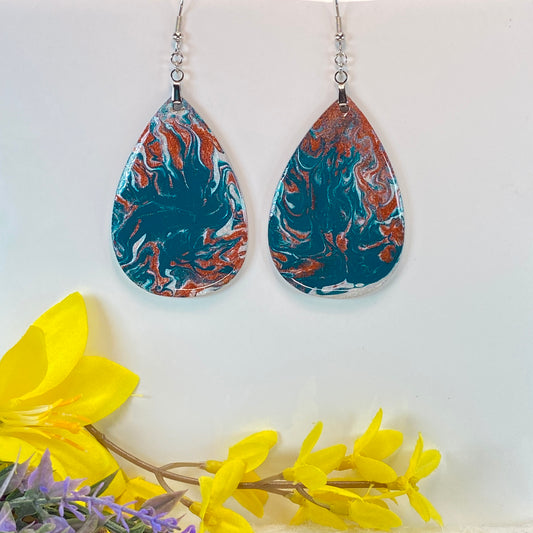 Hand Painted Tear Drop Iridescent Dangle Pendant Earrings