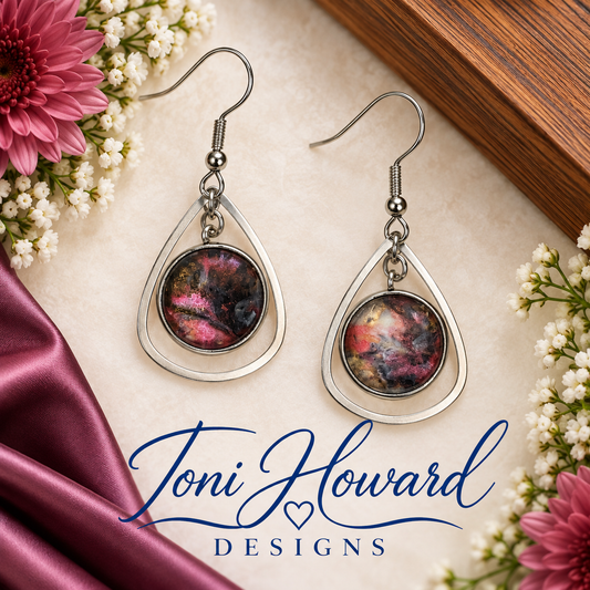 Hand Painted Glass Cabochon Gem Bezel Earrings