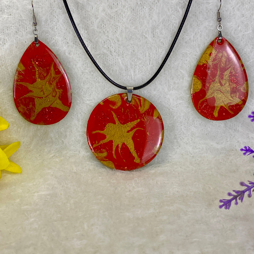 Hand Painted Iridescent Pendant Necklace And Earring Set