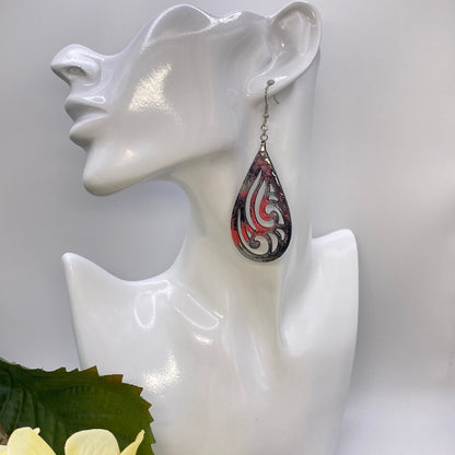 Hand Painted Tear Drop Cut Out Iridescent Dangle Pendant Earrings