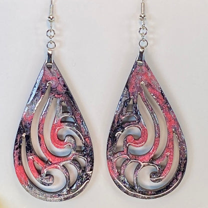 Hand Painted Tear Drop Cut Out Iridescent Dangle Pendant Earrings