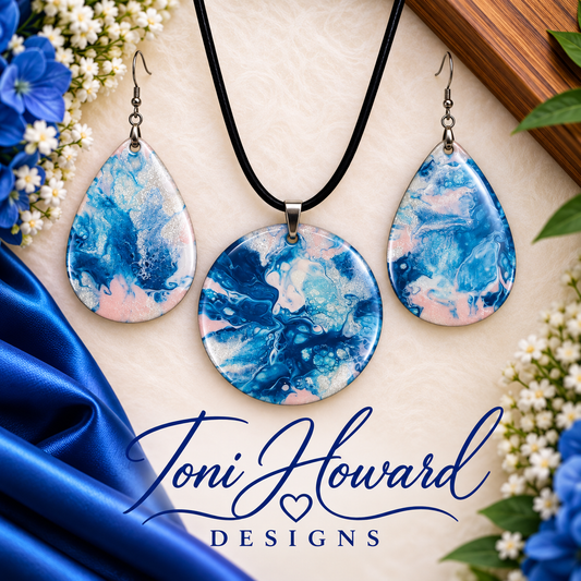 Hand Painted Iridescent Pendant Necklace And Earring Set