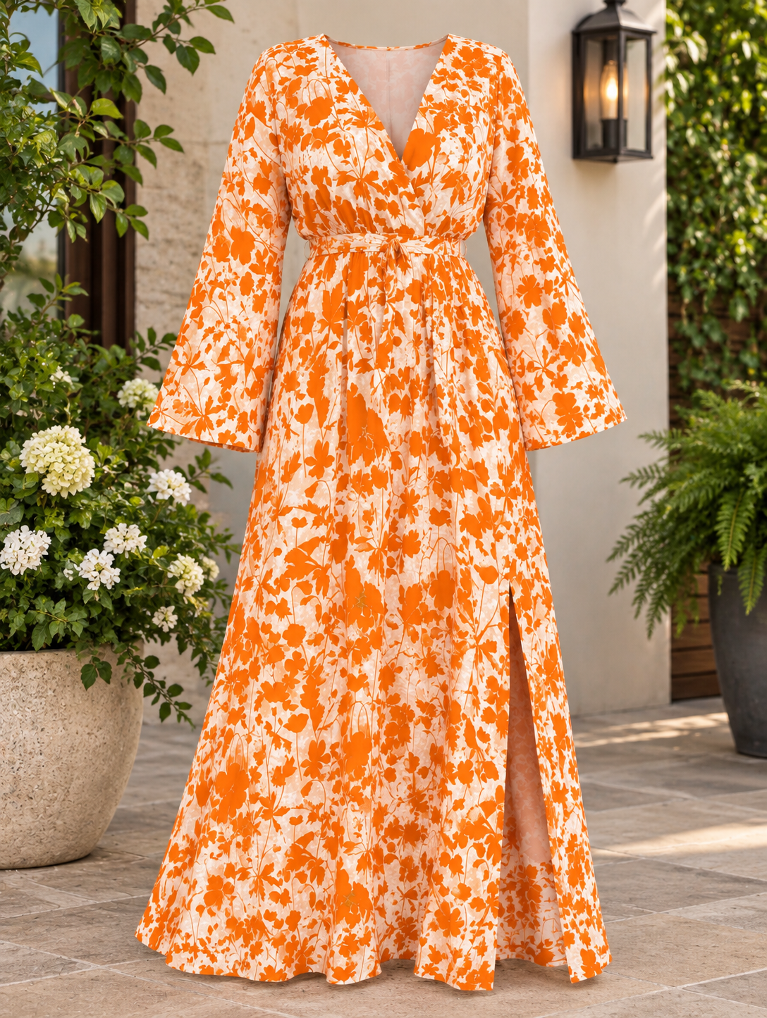 Plus Size Orange Floral Bell Sleeve Maxi Dress - Women's V-Neck  1XL, 2XL, 3XL