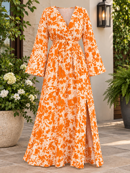 Plus Size Orange Floral Bell Sleeve Maxi Dress - Women's V-Neck  1XL, 2XL, 3XL