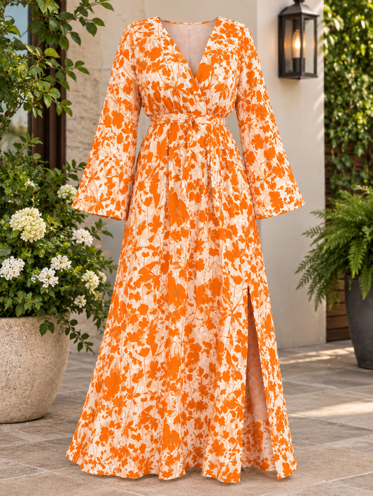 Plus Size Orange Floral Bell Sleeve Maxi Dress - Women's V-Neck  1XL, 2XL, 3XL - New With Tags