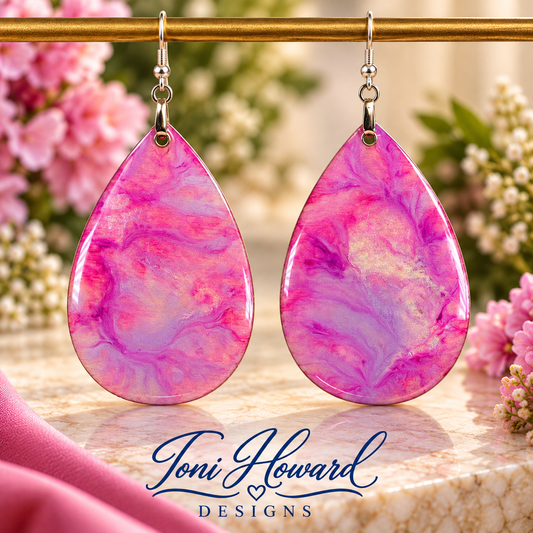 Hand Painted Tear Drop Iridescent Dangle Pendant Earrings