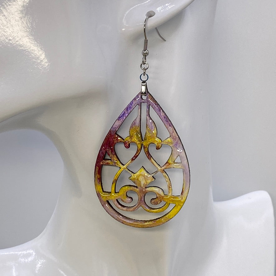 Hand Painted Tear Drop Cut Out Iridescent Dangle Pendant Earrings