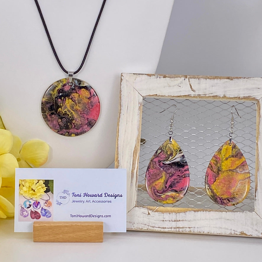 Hand Painted Iridescent Pendant Necklace And Earring Set