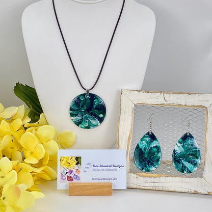 Hand Painted Iridescent Pendant Necklace And Earring Set