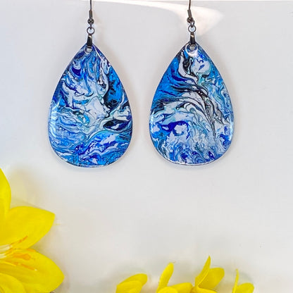 Hand Painted Tear Drop Iridescent Dangle Pendant Earrings