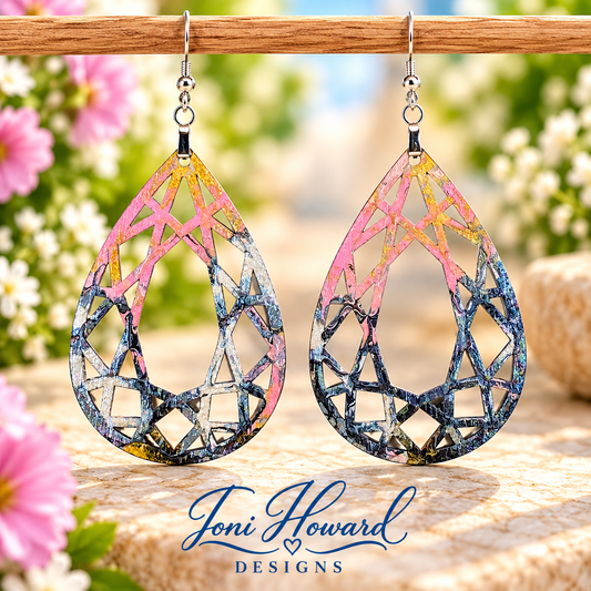Hand Painted Tear Drop Cut Out Iridescent Dangle Pendant Earrings