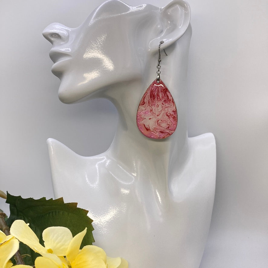 Hand Painted Tear Drop Iridescent Dangle Pendant Earrings