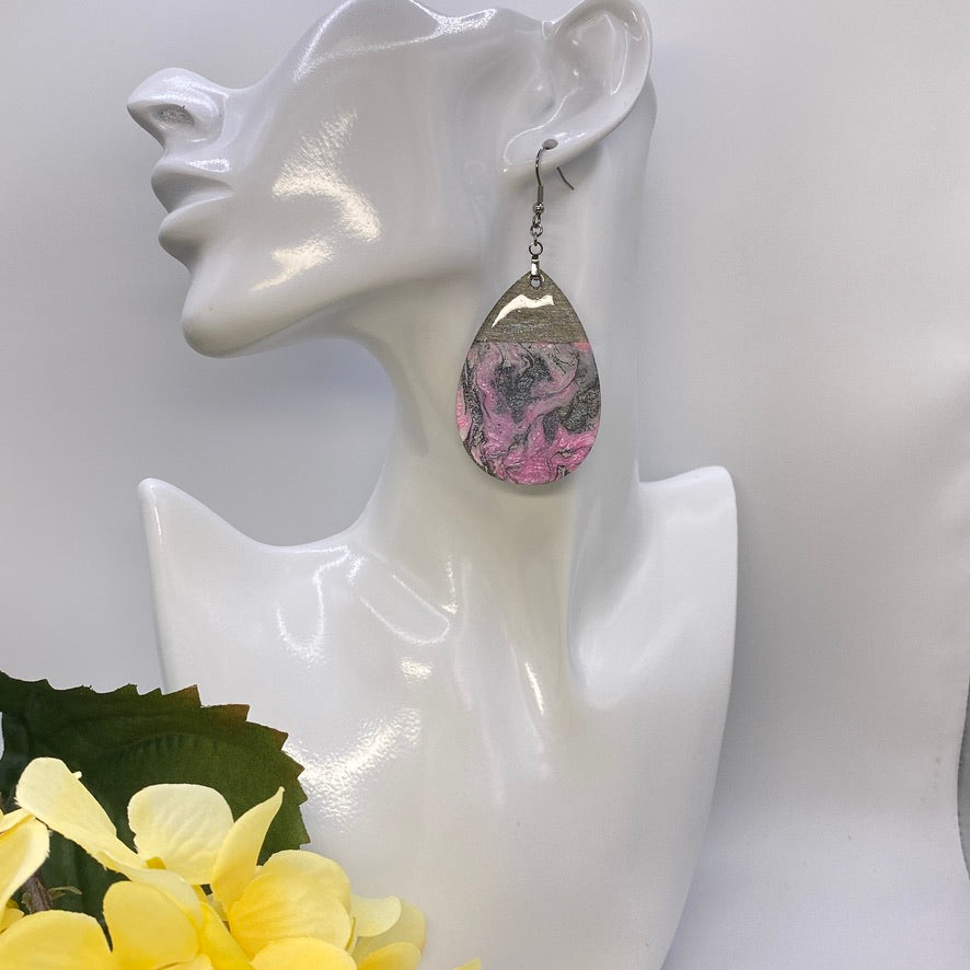 Hand Painted Tear Drop Color Block Iridescent Dangle Pendant Earrings