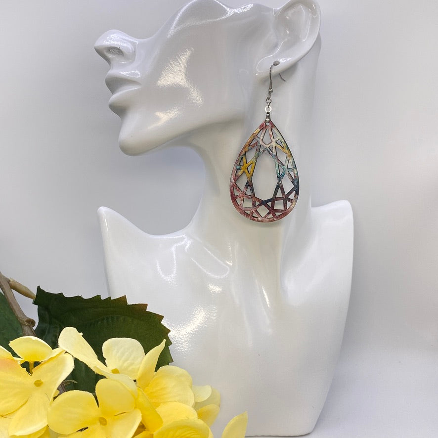 Hand Painted Tear Drop Cut Out Iridescent Dangle Pendant Earrings