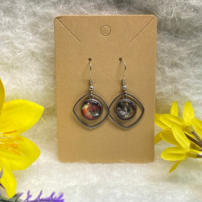 Hand Painted Glass Cabochon Gem Bezel Earrings