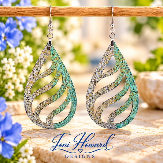 Hand Painted Tear Drop Cut Out Iridescent Dangle Pendant Earrings