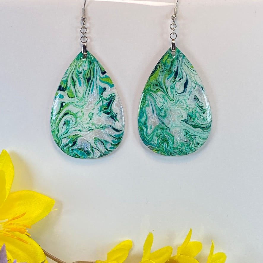 Hand Painted Tear Drop Iridescent Dangle Pendant Earrings