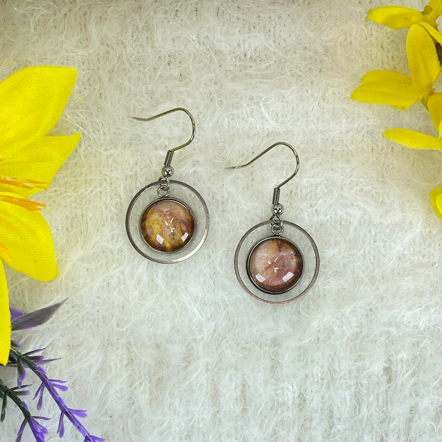 Hand Painted Glass Cabochon Gem Bezel Earrings