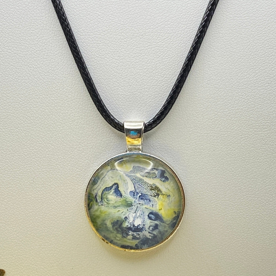 Hand Painted Glass Cabochon Round Bezel Pendant Necklace