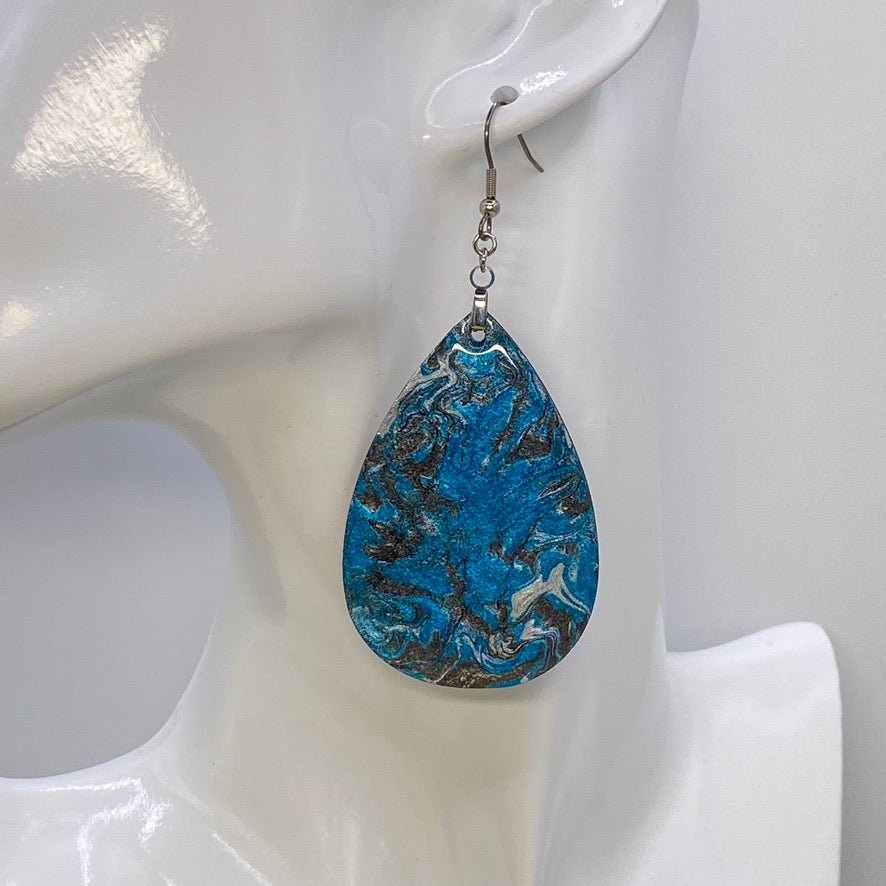 Hand Painted Tear Drop Iridescent Dangle Pendant Earrings