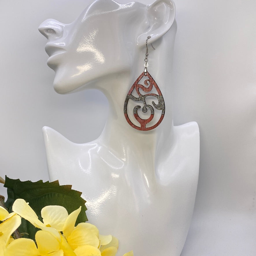 Hand Painted Tear Drop Cut Out Iridescent Dangle Pendant Earrings