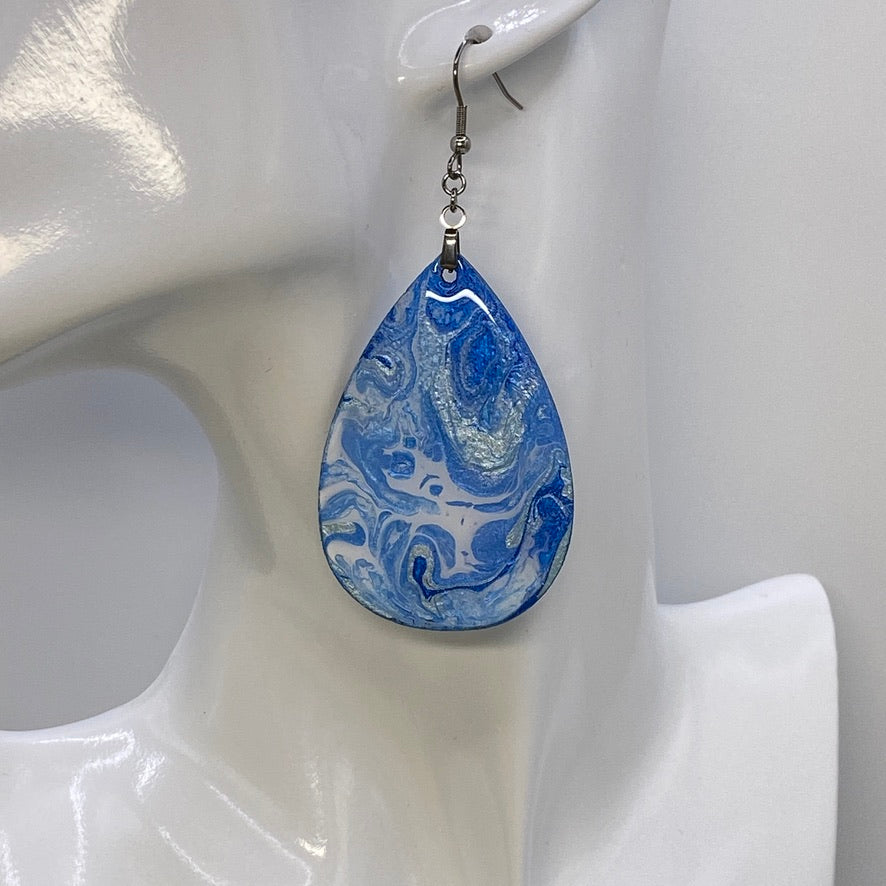 Hand Painted Tear Drop Iridescent Dangle Pendant Earrings