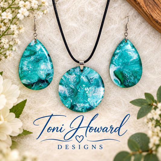 Hand Painted Iridescent Pendant Necklace And Earring Set