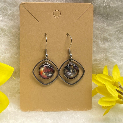 Hand Painted Glass Cabochon Gem Bezel Earrings