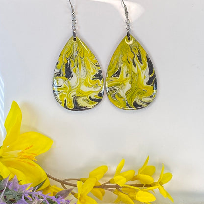 Hand Painted Tear Drop Iridescent Dangle Pendant Earrings