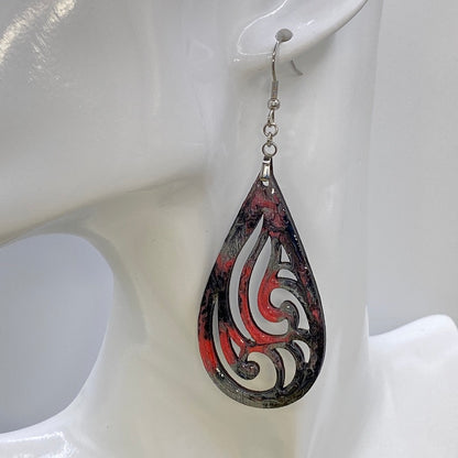 Hand Painted Tear Drop Cut Out Iridescent Dangle Pendant Earrings