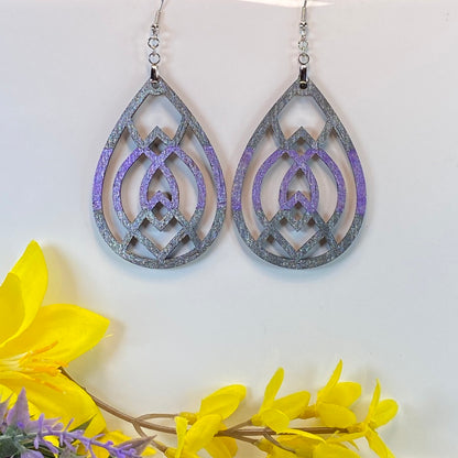 Hand Painted Tear Drop Cut Out Iridescent Dangle Pendant Earrings