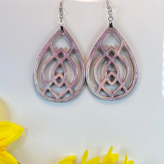 Hand Painted Tear Drop Cut Out Iridescent Dangle Pendant Earrings