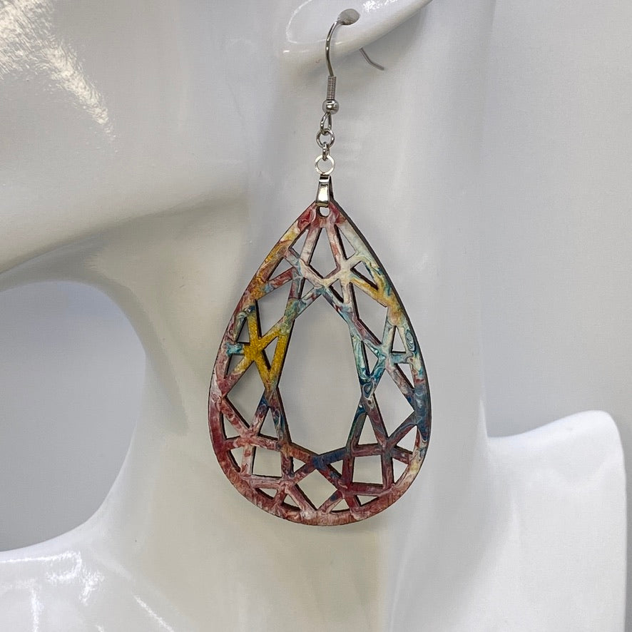 Hand Painted Tear Drop Cut Out Iridescent Dangle Pendant Earrings