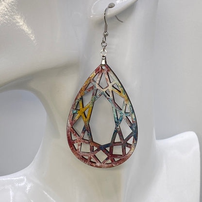 Hand Painted Tear Drop Cut Out Iridescent Dangle Pendant Earrings