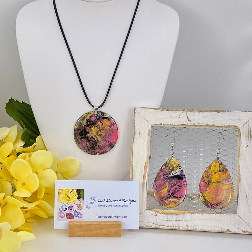 Hand Painted Iridescent Pendant Necklace And Earring Set