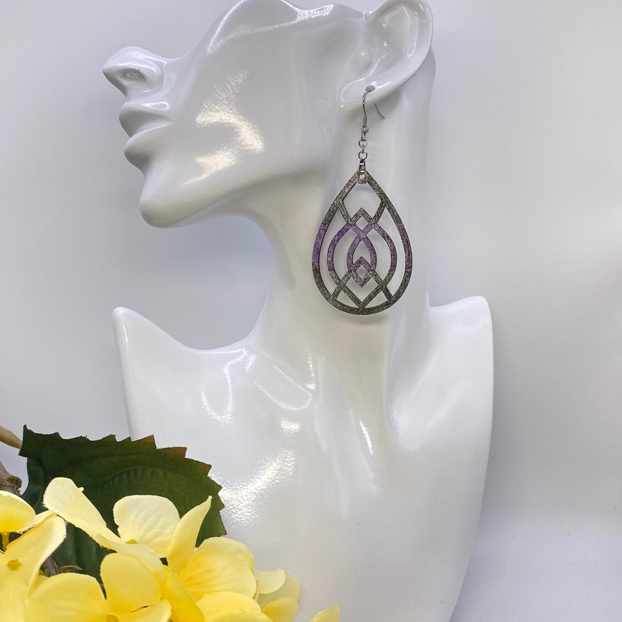 Hand Painted Tear Drop Cut Out Iridescent Dangle Pendant Earrings