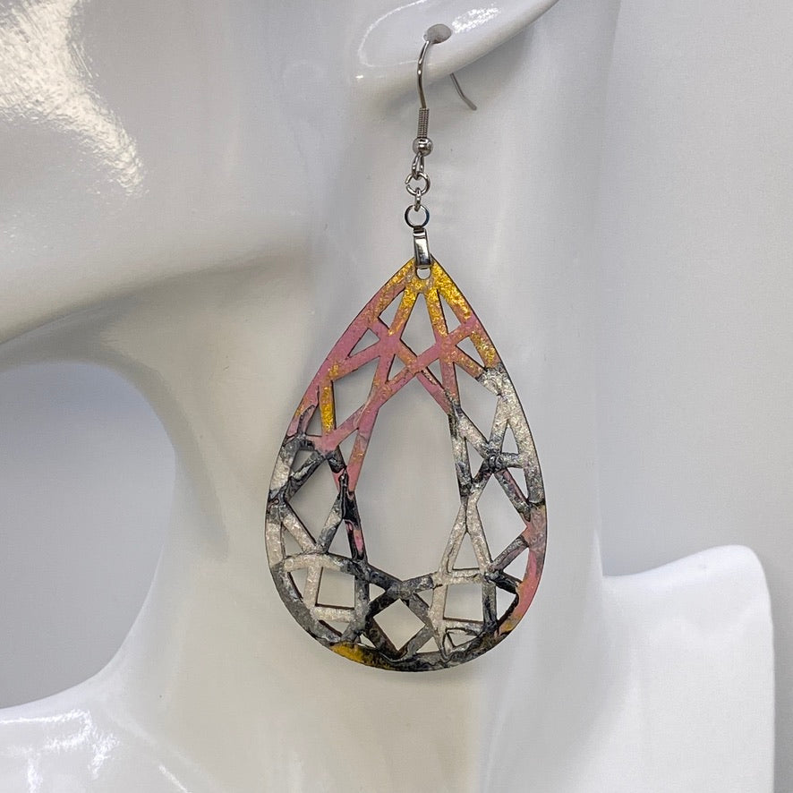 Hand Painted Tear Drop Cut Out Iridescent Dangle Pendant Earrings