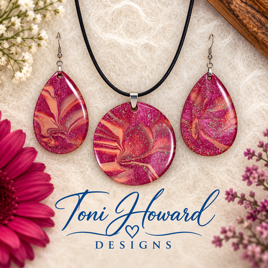 Hand Painted Iridescent Pendant Necklace And Earring Set