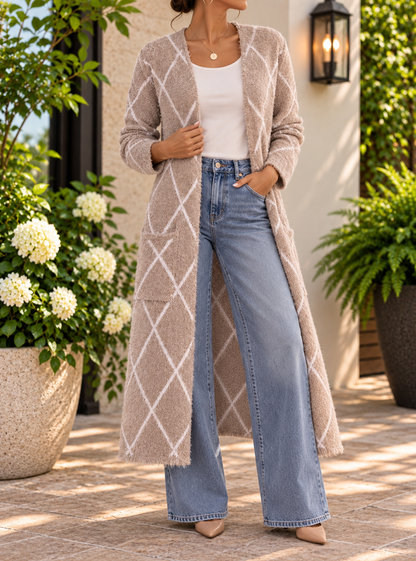 Women's Tan & White Diamond Pattern Long Cardigan Sweater – Open Front, Fuzzy Knit, S, M, L, XL – New With Tags