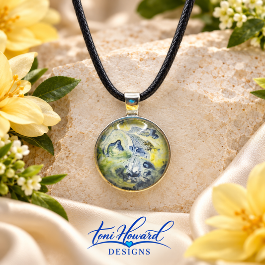 Hand Painted Glass Cabochon Round Bezel Pendant Necklace