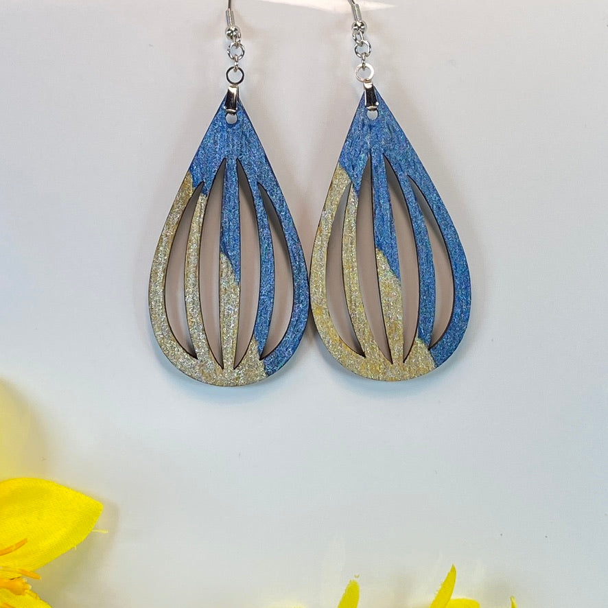 Hand Painted Tear Drop Cut Out Iridescent Dangle Pendant Earrings